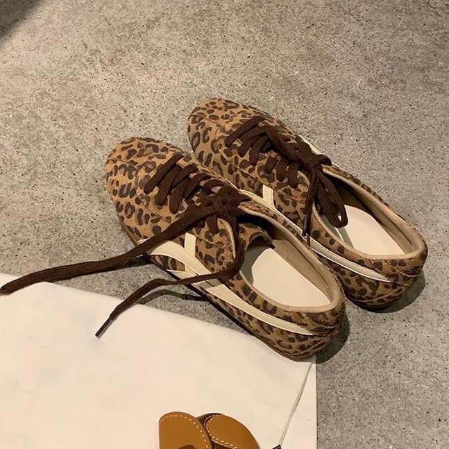 Sheepskin Version~ 5cm Height Increase Agam Sneakers Women Leopard Print Contrast Color Casual Board Shoes Sports Shoes Genuine Leather German Training Shoes