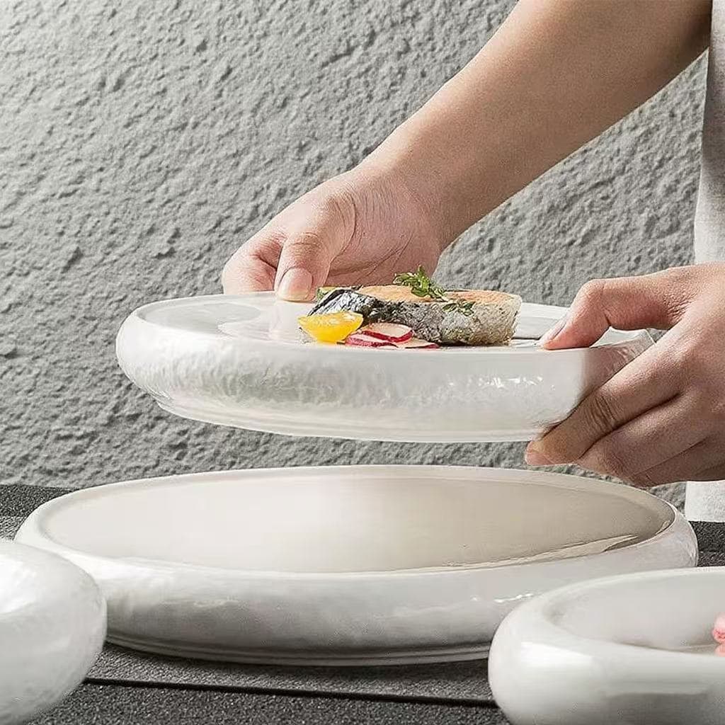 Pure White Plate for Ceremonial Presentation, Artistic Cold Dish Plate for Hotels, White Porcelain Round Deep Plate for Commercial Use