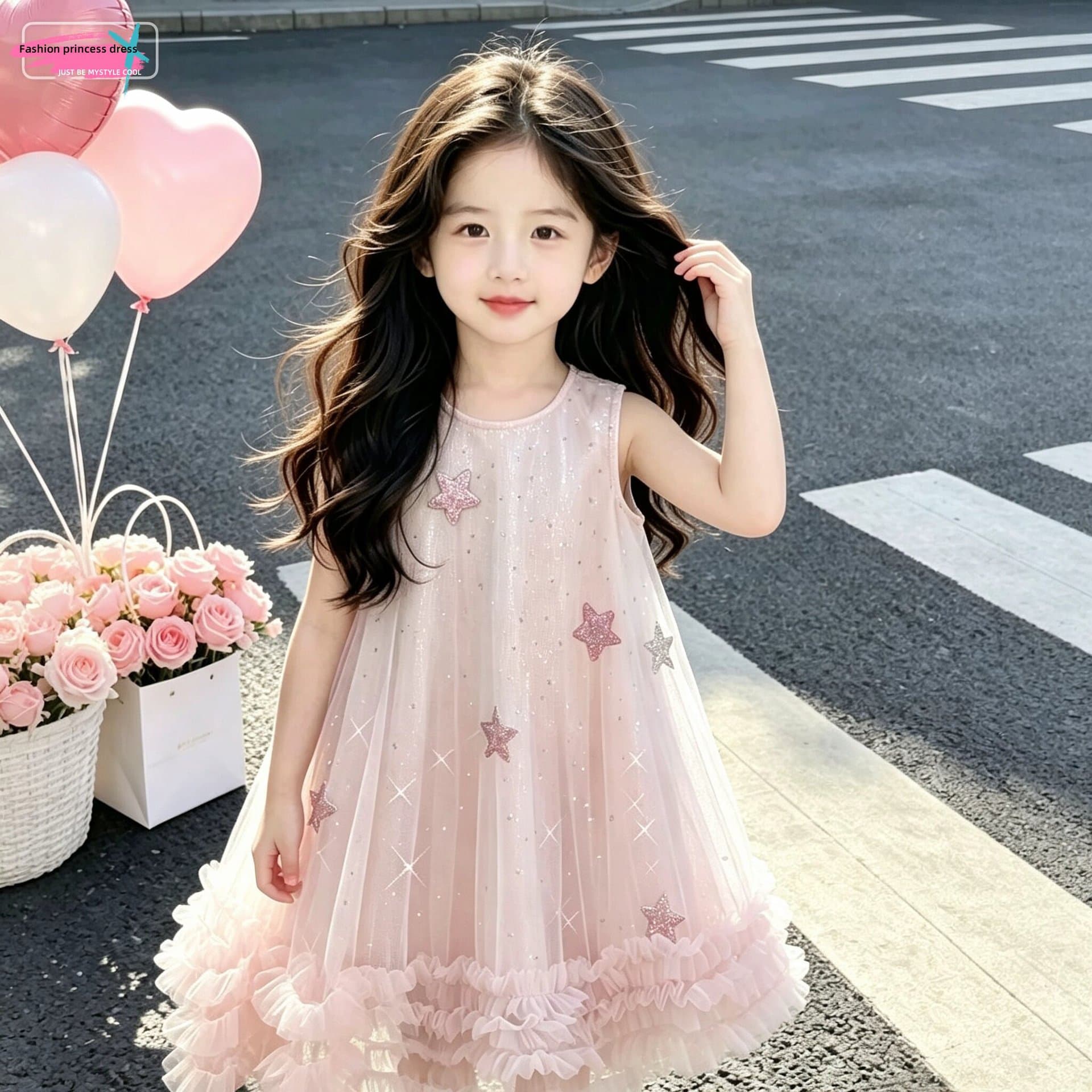 Girls Princess Dress Summer New Blue Sequined Gown Vest Dress Fashionable Dress Baby Super Fairy Puffy Skirt