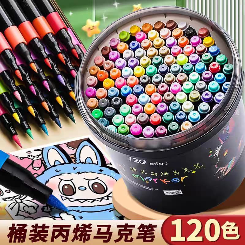 Soft-tip black acrylic markers, opaque to paper, quick-drying, washable, tub-type colored pencils for children's art and painting.