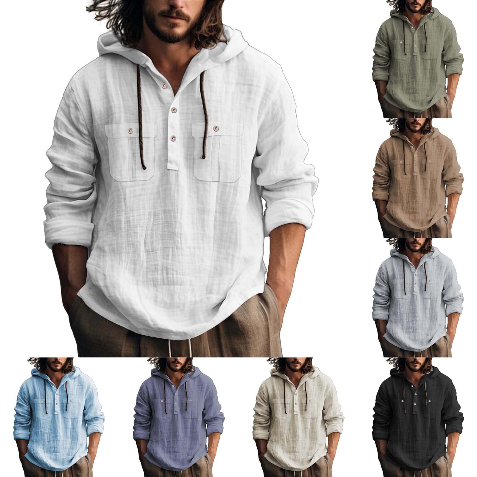 2025 cross-border European and American new men's hooded long-sleeved sweatshirt cotton and linen loose solid color trendy casual men's shirt