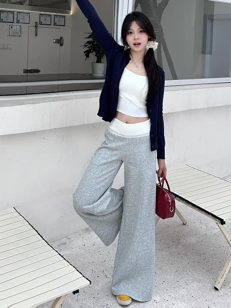 Wide-leg Lace Trim Casual Pants with Waist Design, Flowing Dropped Waist Women's Floor-Length Loose Sweatpants for Spring, Summer, and Fall