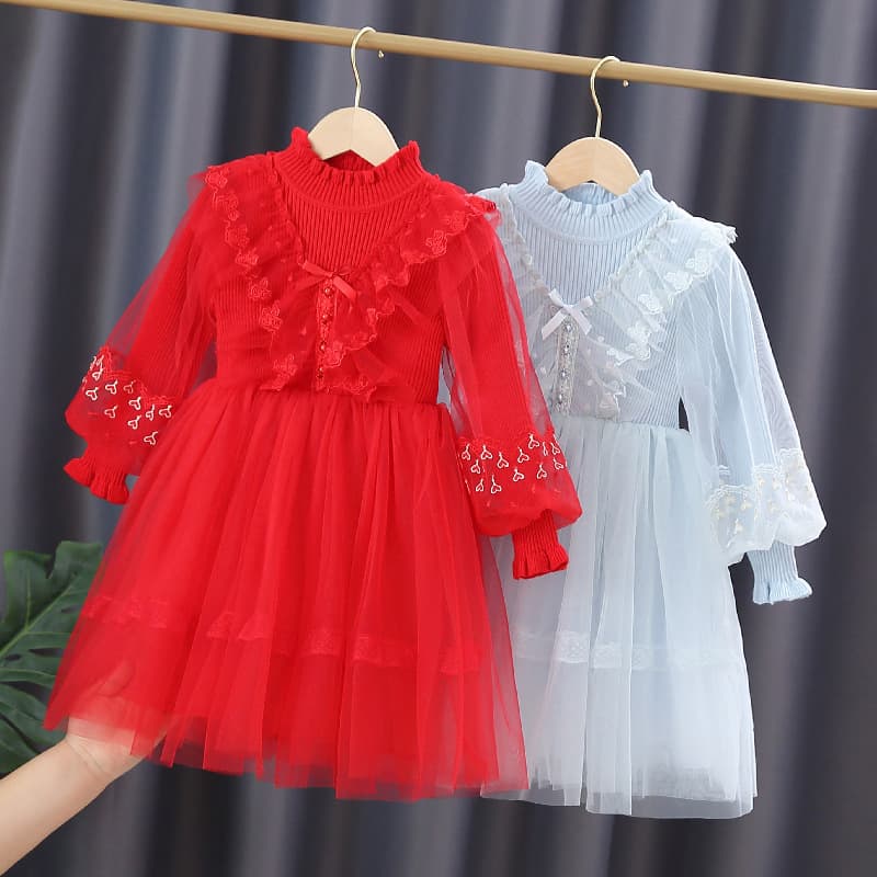 Red Princess Sweater Dress Long Sleeve Autumn Clothes for Girls Children Spring Summer Fashionable Korean Style Cotton Blend