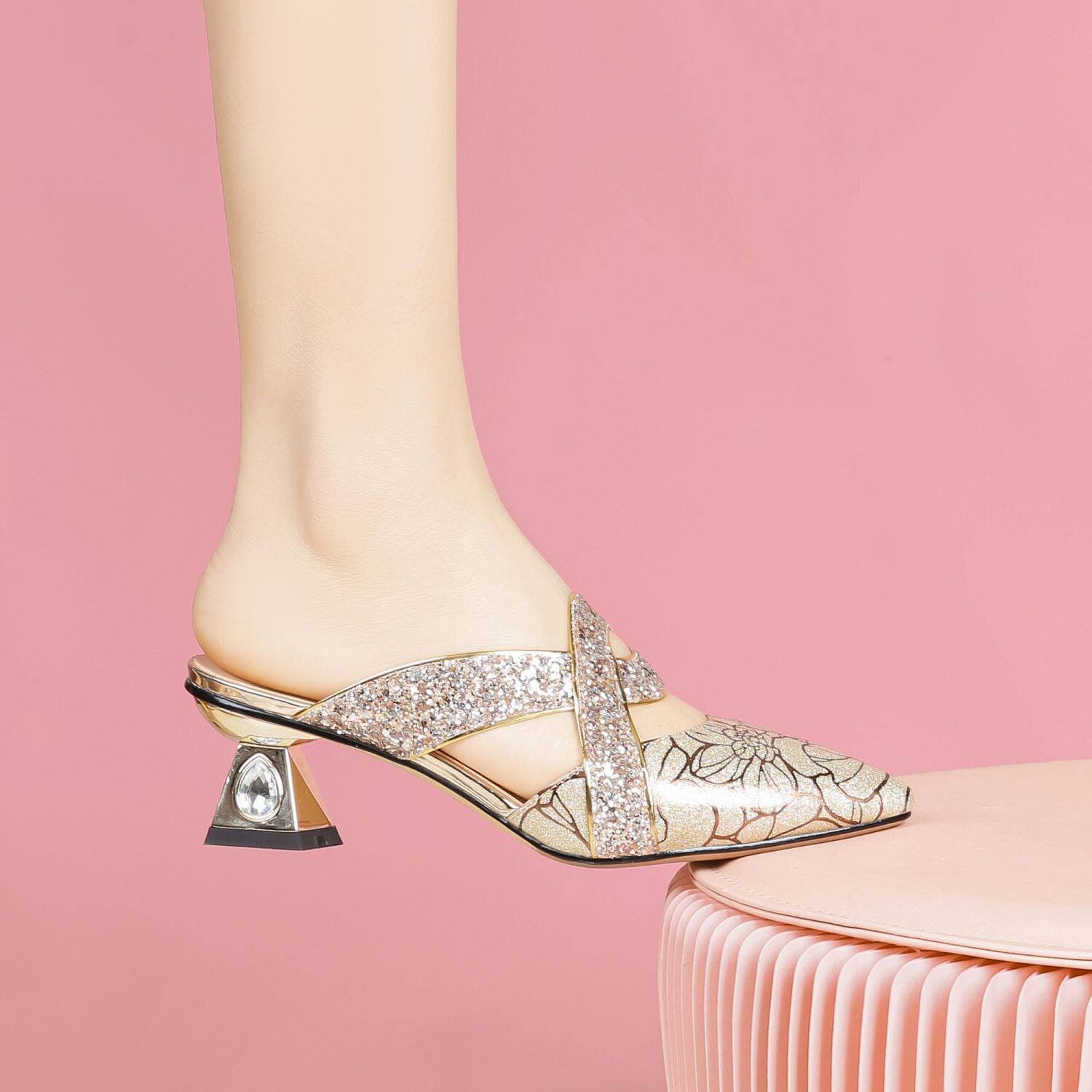 New Chinese Style Chunky Heel Rhinestone Chunky Heel Half Slippers Women Summer Outdoor High Heel Cross Strap Pointed Toe Mules