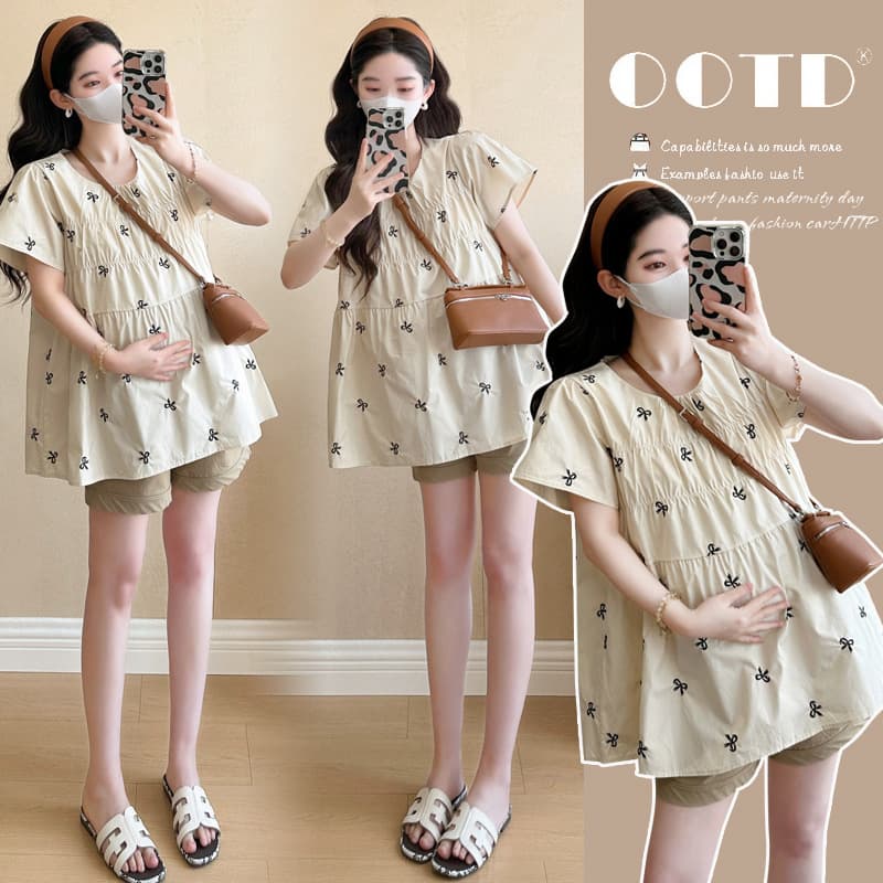 Maternity wear summer top fashion 2025 new Korean style embroidered bow age-reducing versatile mid-length babydoll shirt