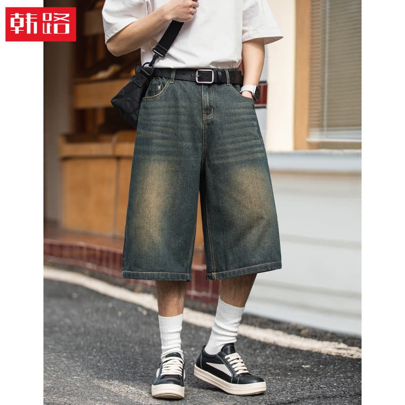 Retro American Wide Leg Seven-Foot Men's Jeans Summer Washed Straight Casual Shorts mid Waist Half Elasticity Youth Fashion