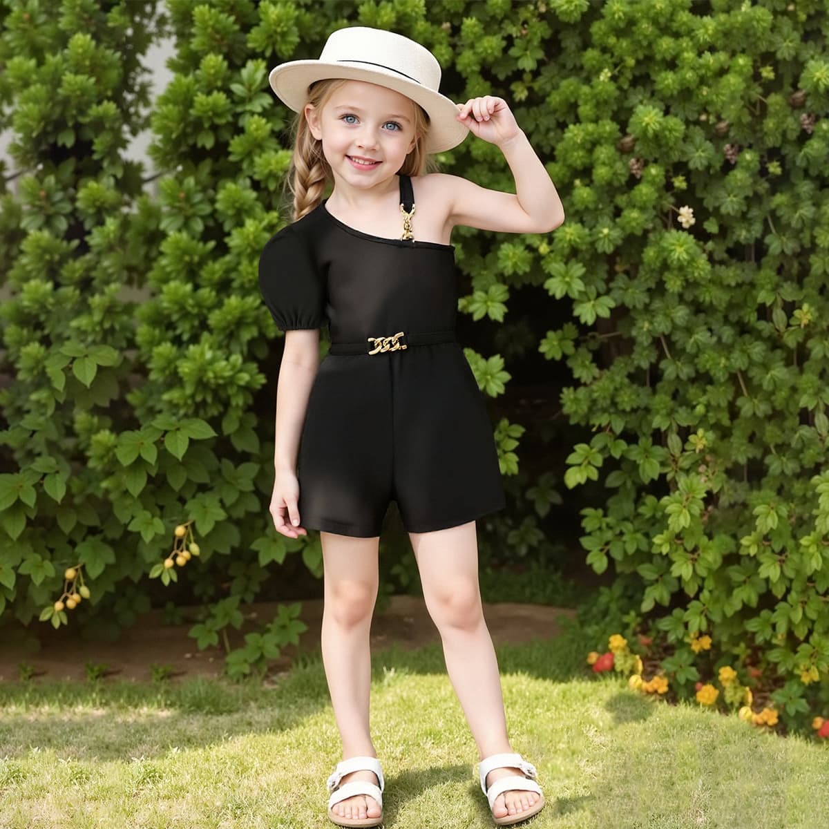 European and American Fashion Girls' One-Shoulder Strap Romper Summer New Children's Short Sleeve Gold Waist Buckle Clothing