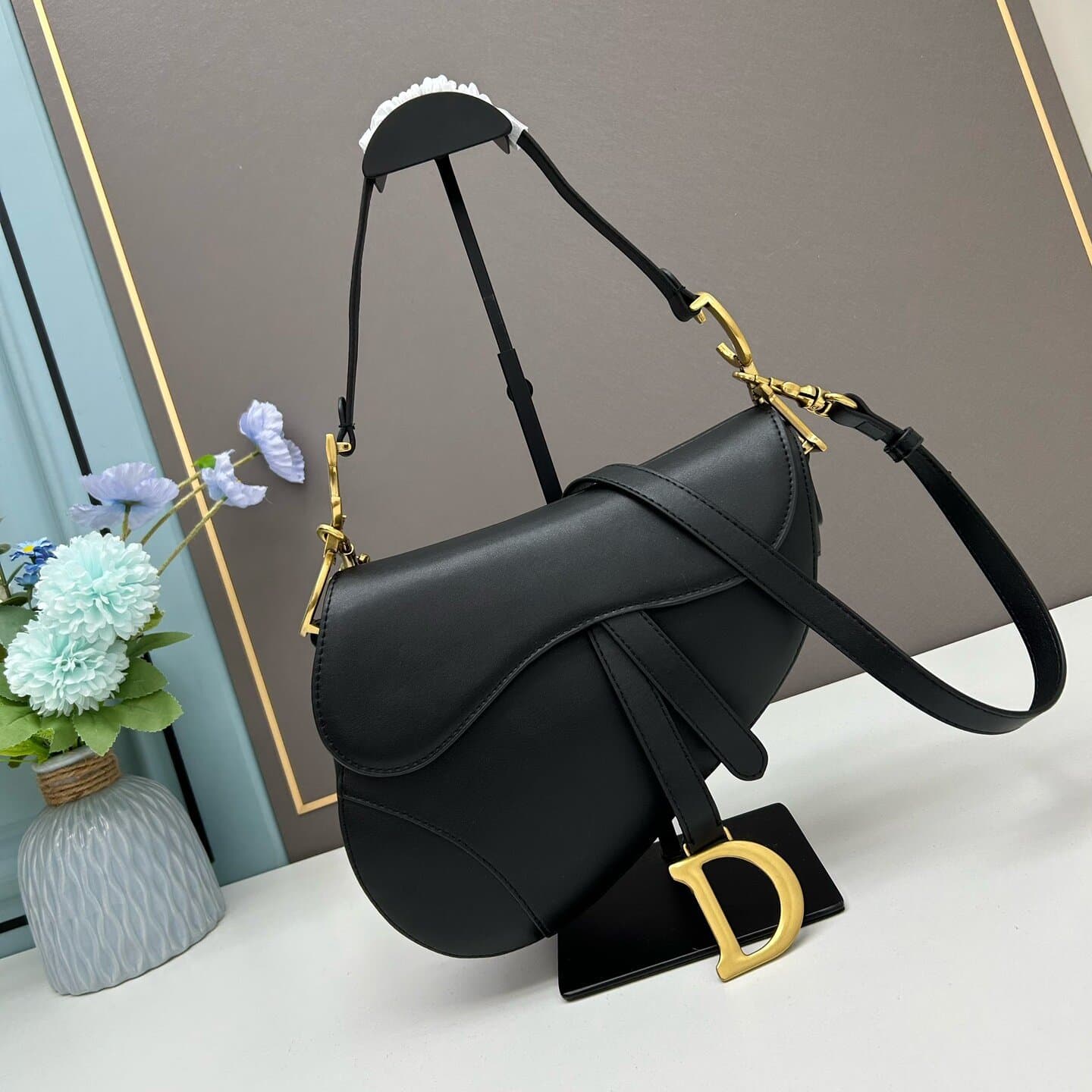 D's New Classic Narrow Strap Smooth Full Leather Embroidered Saddle Bag, Shoulder Handbag Crossbody for Women