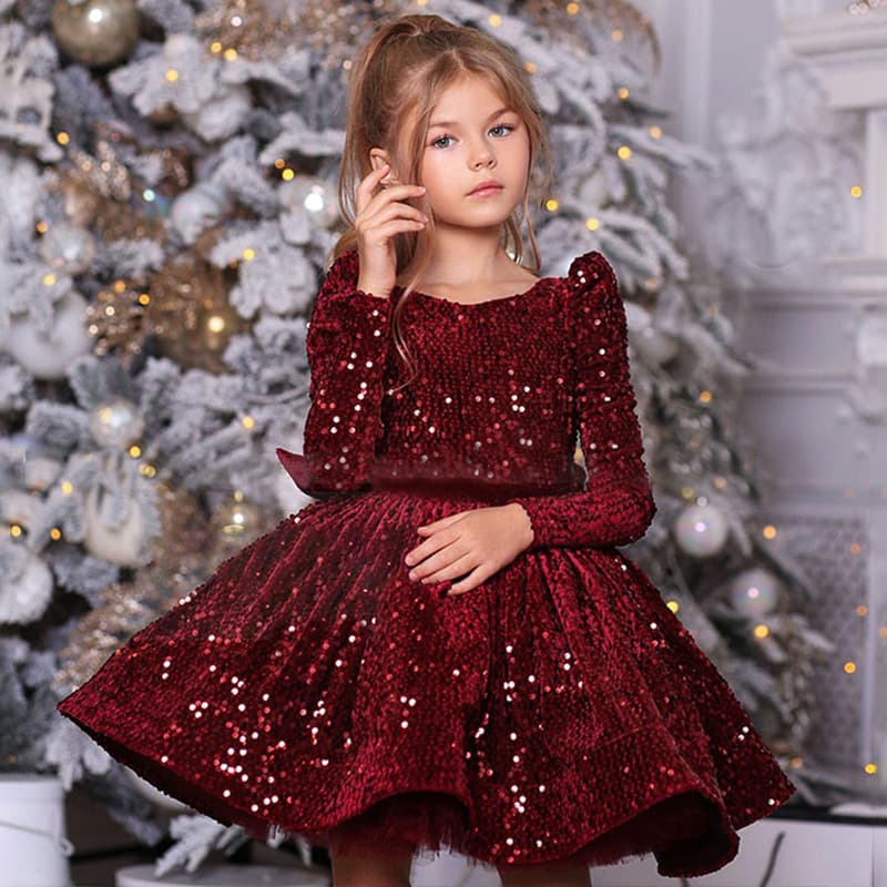 Girls' Formal Puffy Tulle Princess Dress, Sequin Piano Recital Runway Performance Long-Sleeve Dress for Birthday Party