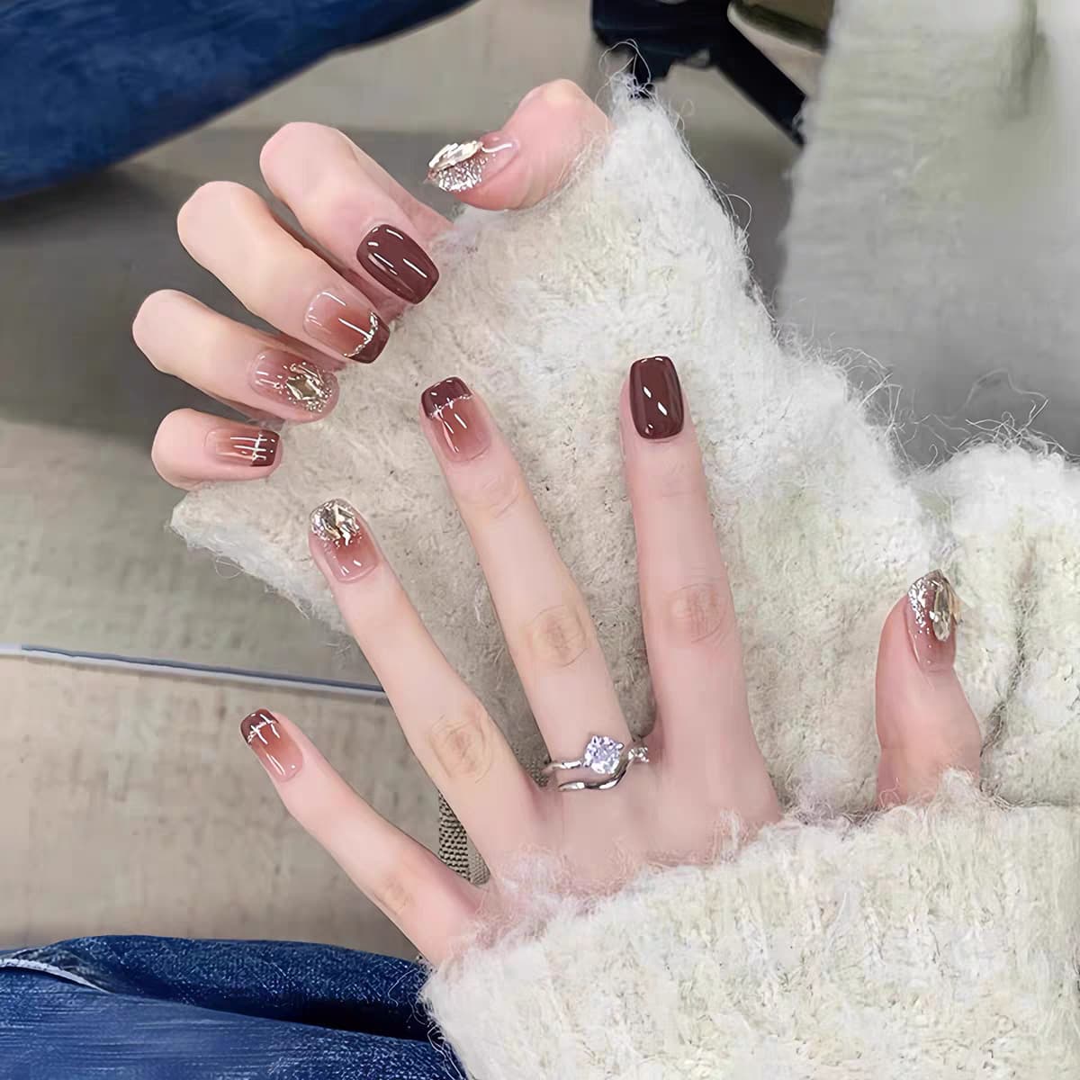 2026 Autumn/Winter New Wine Red French Blush Press-On Nails, Short Style, Whitening, Premium with Rhinestones