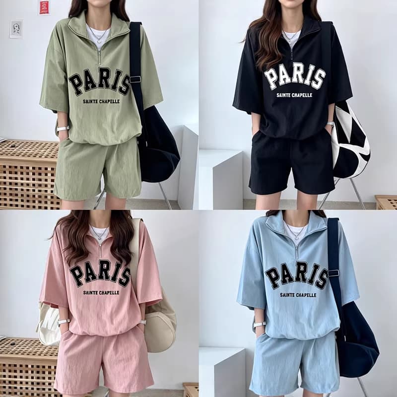 Cross-Border Ice Silk Crepe Casual Fashion Two-Piece Set Women's 2026 Summer New Letter Zipper Short-Sleeve Shorts Set