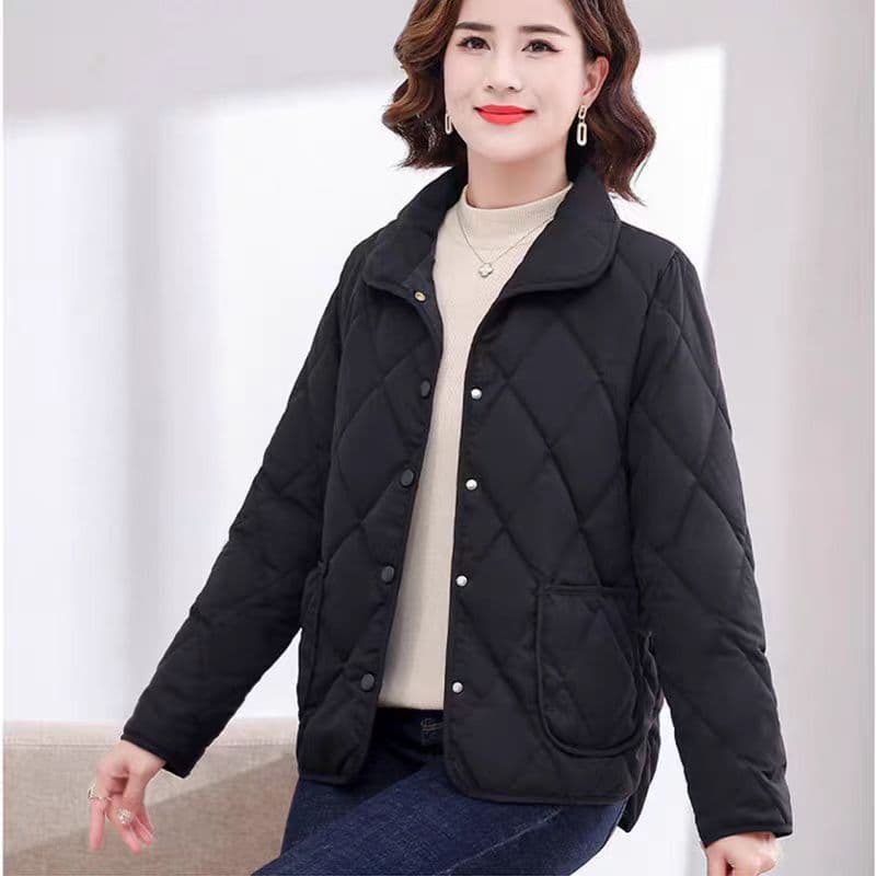Middle-Aged Solid Color Diamond Quilted Lapel Cotton Coat Autumn Winter Lightweight Small Cotton Coat Loose New Quilted Cotton Jacket Wholesale