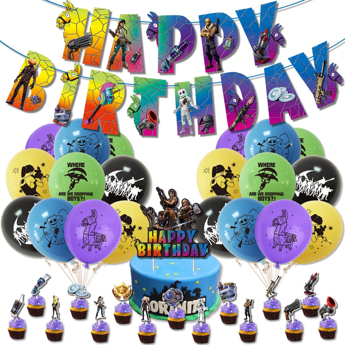 Fortnite Party Decorations Game Banner Cake Topper Balloon Set Boy Birthday Supplies