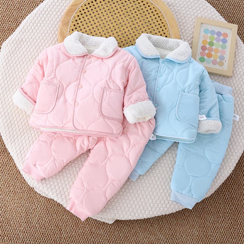 Winter children's Korean suit plus velvet quilted cotton coat, fashionable male and female baby furry collar double pocket quilted cotton outing clothes