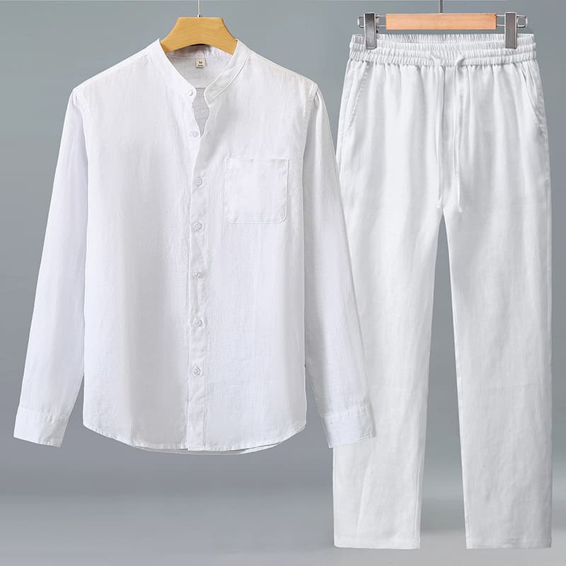 Linen Long Sleeve Shirt Set for Men Chinese Style Casual Pure Linen Pocket Loose Cardigan Pants Linen Outerwear