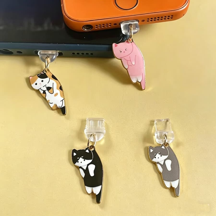 Cute Printed Alloy Enamel Drop Cat Phone Dust Plug Pendant Keychain DIY Couple Phone Accessory