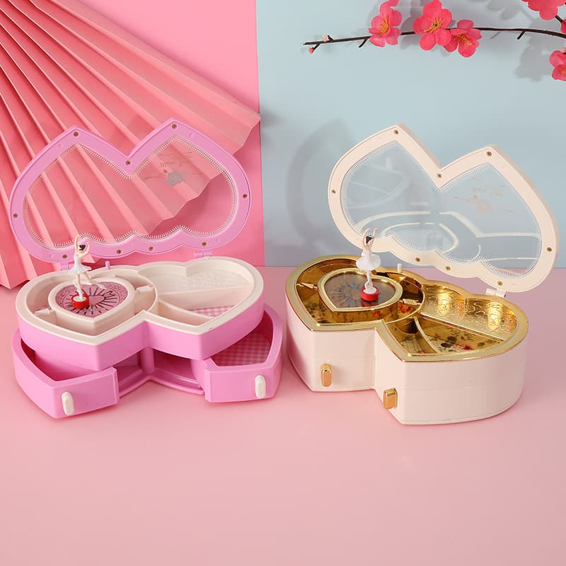 Large Double Heart Music Box with Rotating Ballerina, Jewelry Box for Women, Valentine's Day Gift