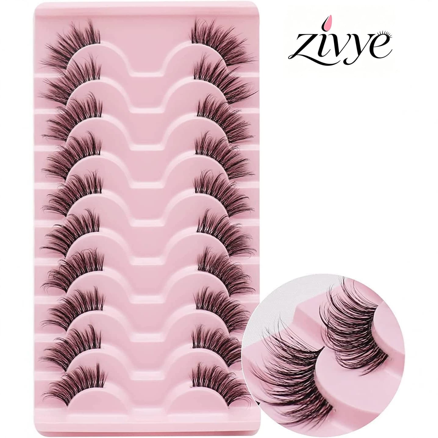 zivye Fine Black Stem False Eyelashes, One-Piece Style, 10 Pairs, Large Capacity, Natural Look, Thick and Curly Upper Lashes
