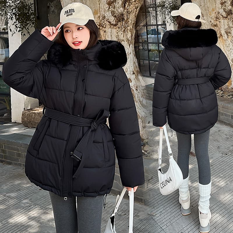 Women's Mid-Length Winter Coat, Korean Style Loose Fit Hooded with Faux Fur Collar, Thickened Warm Puffer Jacket, Cotton-Padded Outerwear