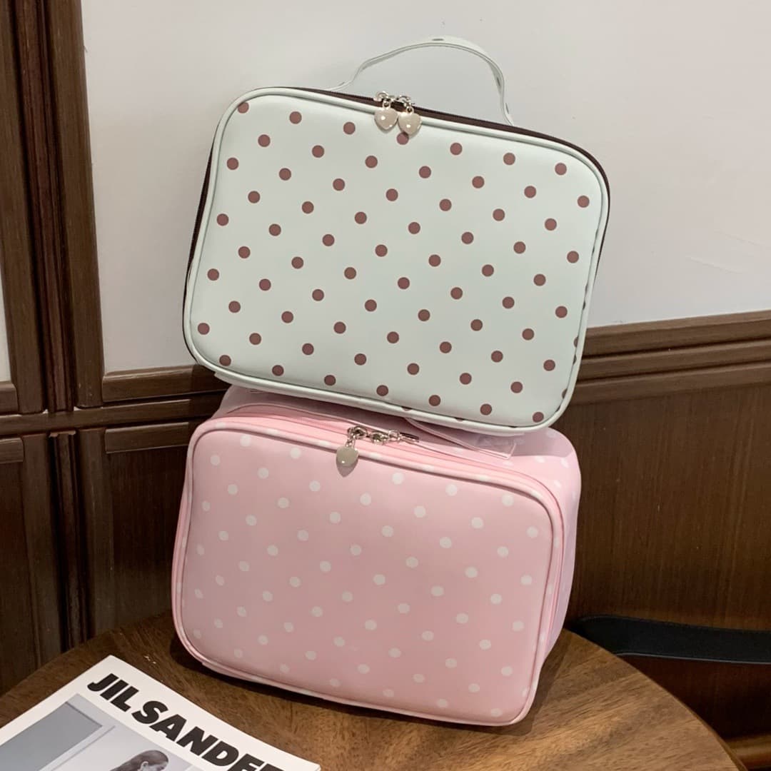 Polka dot cosmetic bag large capacity travel portable toiletry bag vertical partition waterproof portable storage bag with mirror