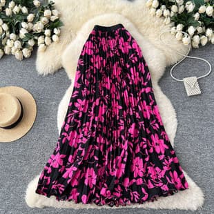 AliExpress Amazon Spring Summer New Fashion Contrast Color Printed Flowy Skirt Holiday Long Skirt Pleated Skirt