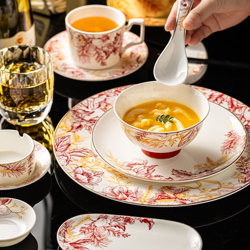 High-Appearance Ins-Style Tableware Set for Display, Hotel Display Bone China Rice Bowl, Plate, Saucer, Chopstick Rest, Spoon Wholesale