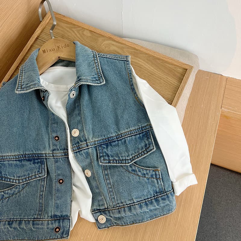 Tongchenchenma Boys' Autumn Loose Fashionable Denim Vest for Toddlers Soft Shoulder Vest