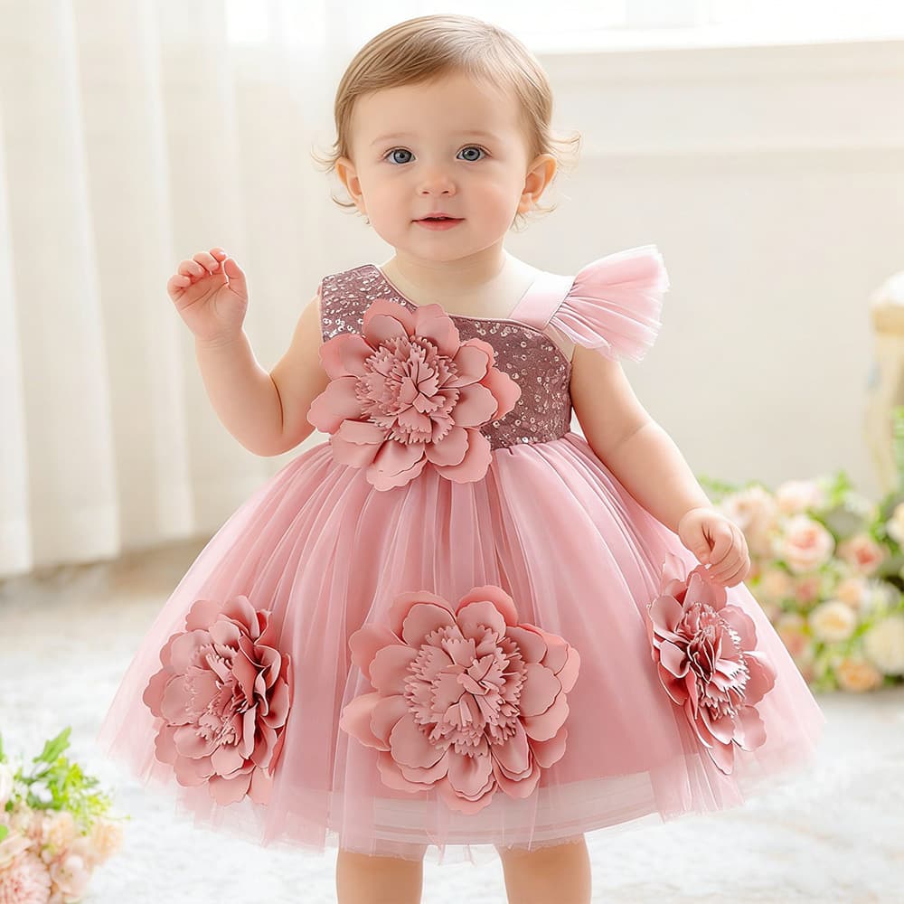 Amazon Girls Princess Dress 3D Flower Tulle Tutu Dress Toddler Birthday Gown Single Shoulder Flutter Sleeve Tulle Princess Dress