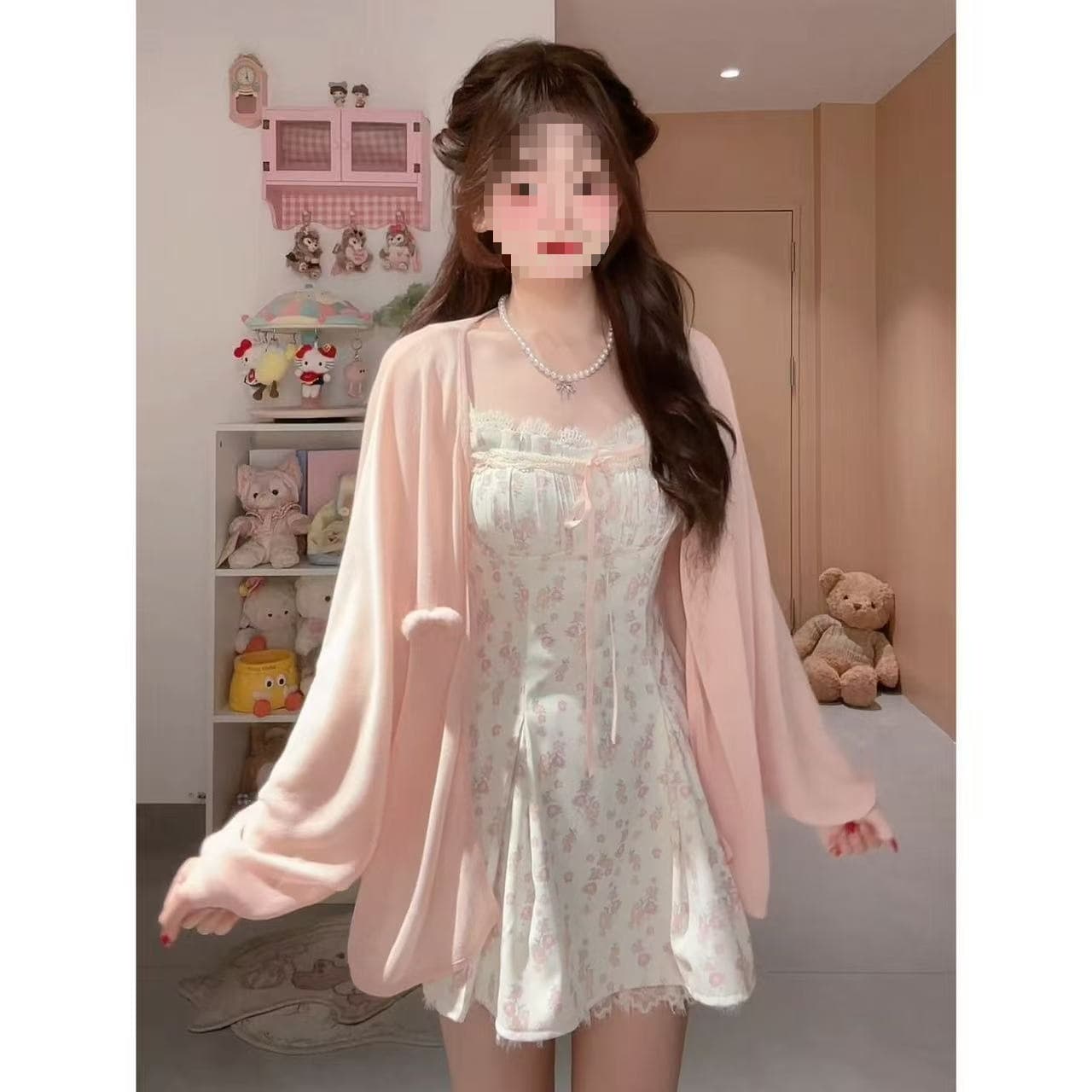 Fuya Summer Green Grape Spring and Summer Sweet Floral Youthful Dress Cardigan Bloomer Pants Three-Piece Set