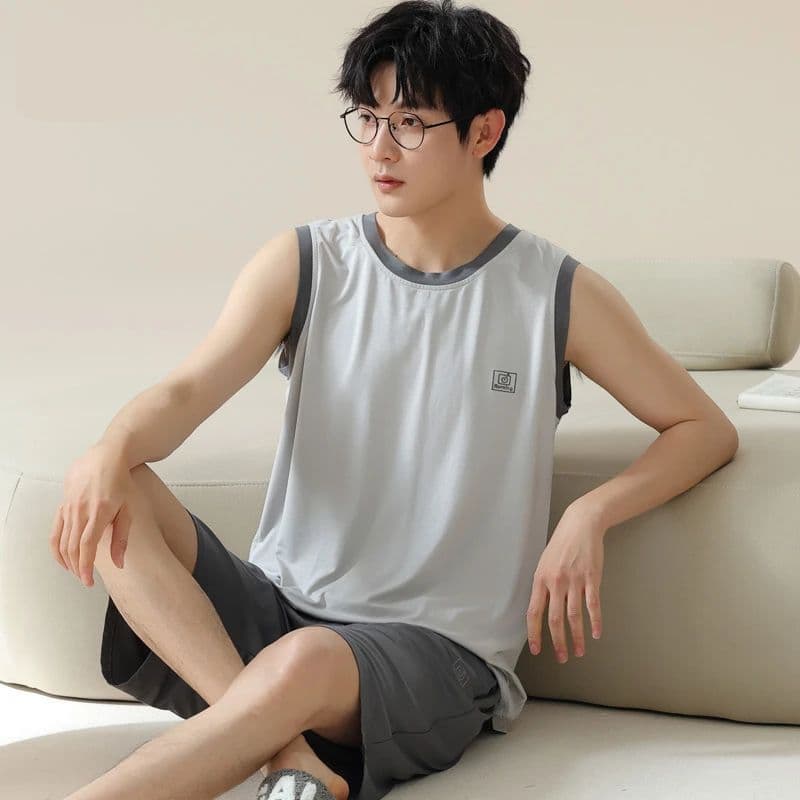 Summer Men's Vest Sleepwear Set, Round Neck Sleeveless Youth Vest and Shorts Two-Piece Homewear, Thin Style