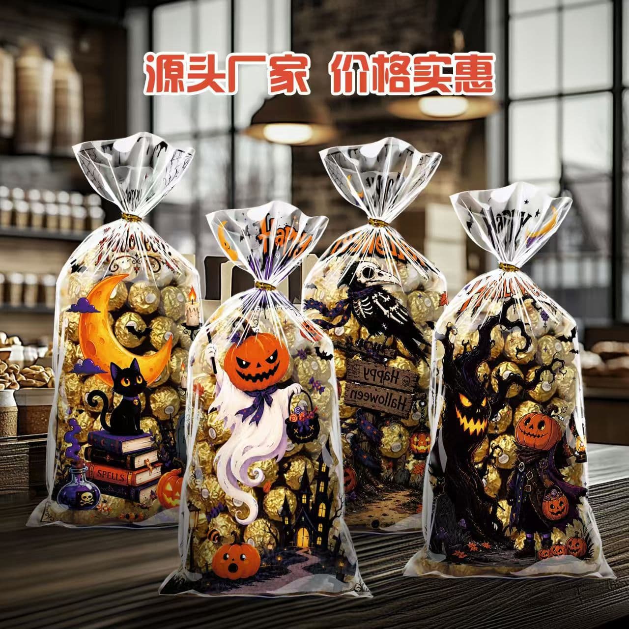 2026 Halloween New 4-in-1 Mixed Candy Bag Cellophane OPP Flat Pocket Gift Bag Party Packaging