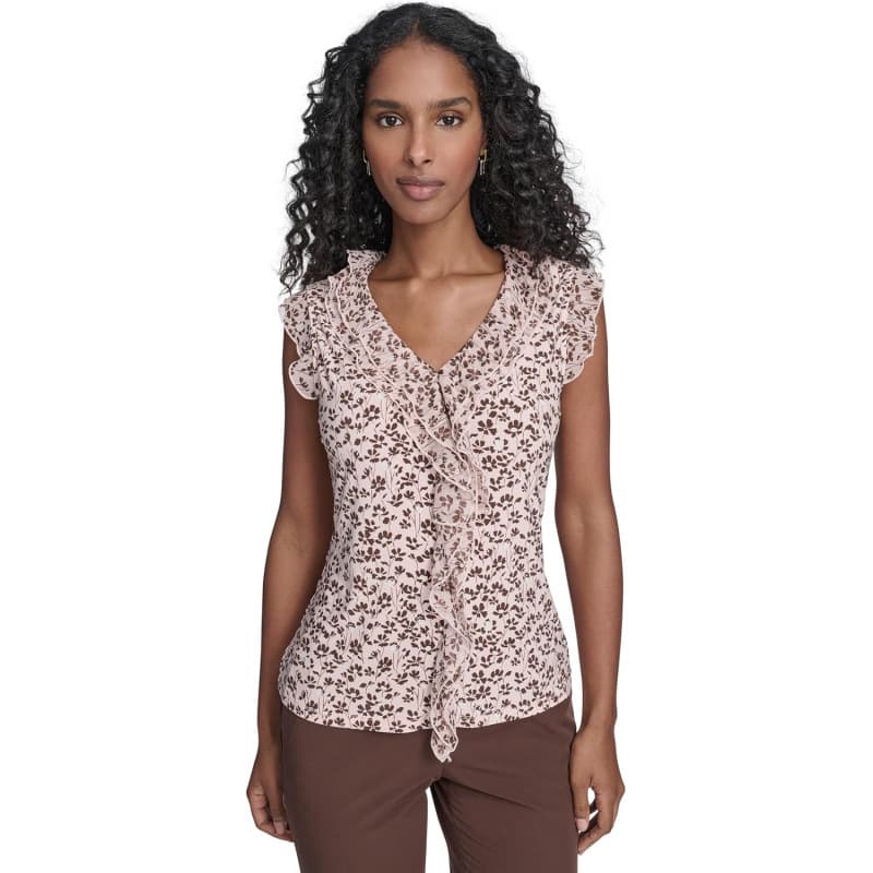 Women's Sleeveless Ruffle Blouse with Floral Print, Summer 2026 New Arrival, Elegant and Fashionable Top for Amazon Cross-Border