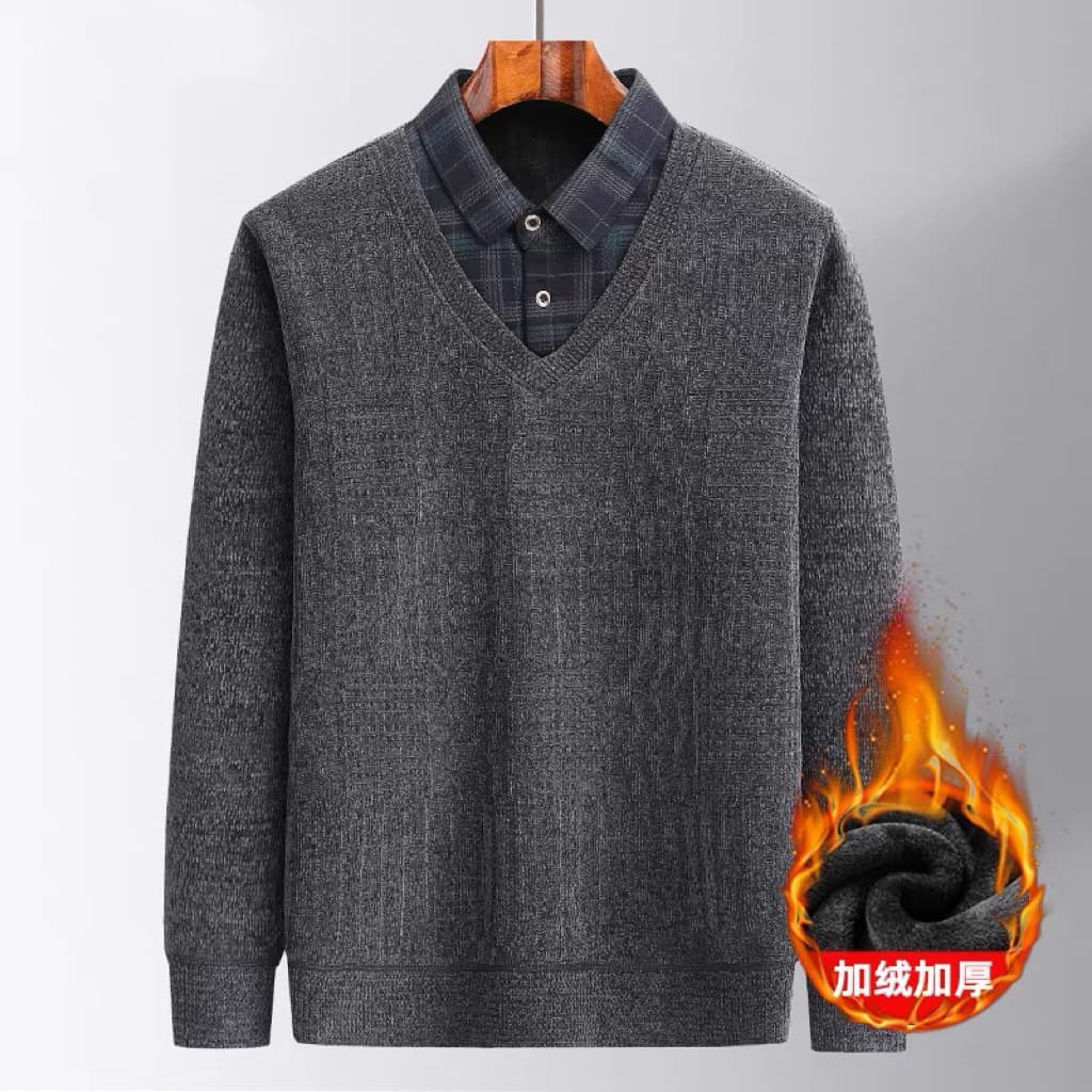 Cross-Border Fleece-Lined Thickened Two-in-One Middle-Aged and Elderly Casual Simple Warm Knitwear Collar Men's Base Layer, Drop Shipping