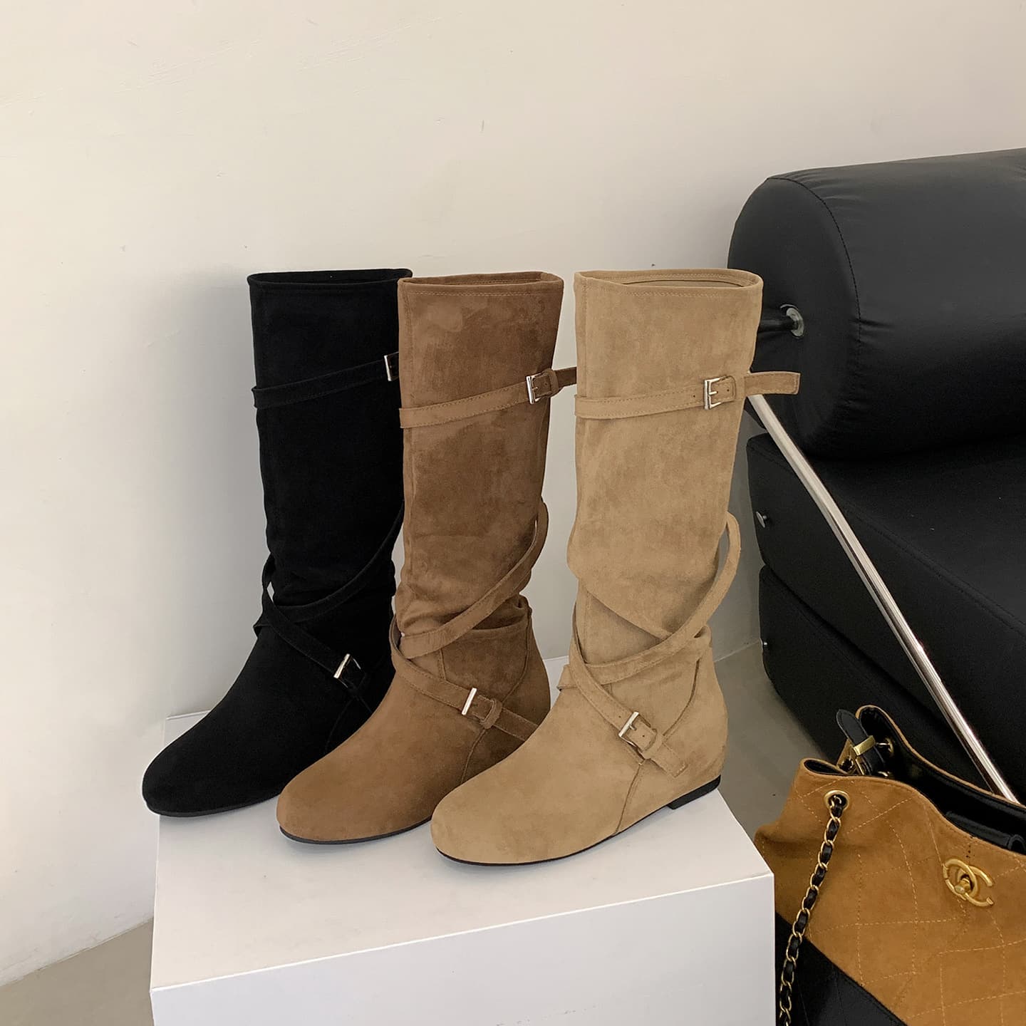 5cm Height Increase~Stacking Boots Women's Thick Leg Knight Boots Autumn Winter Plus Size Long Boots Wide Calf High Boots