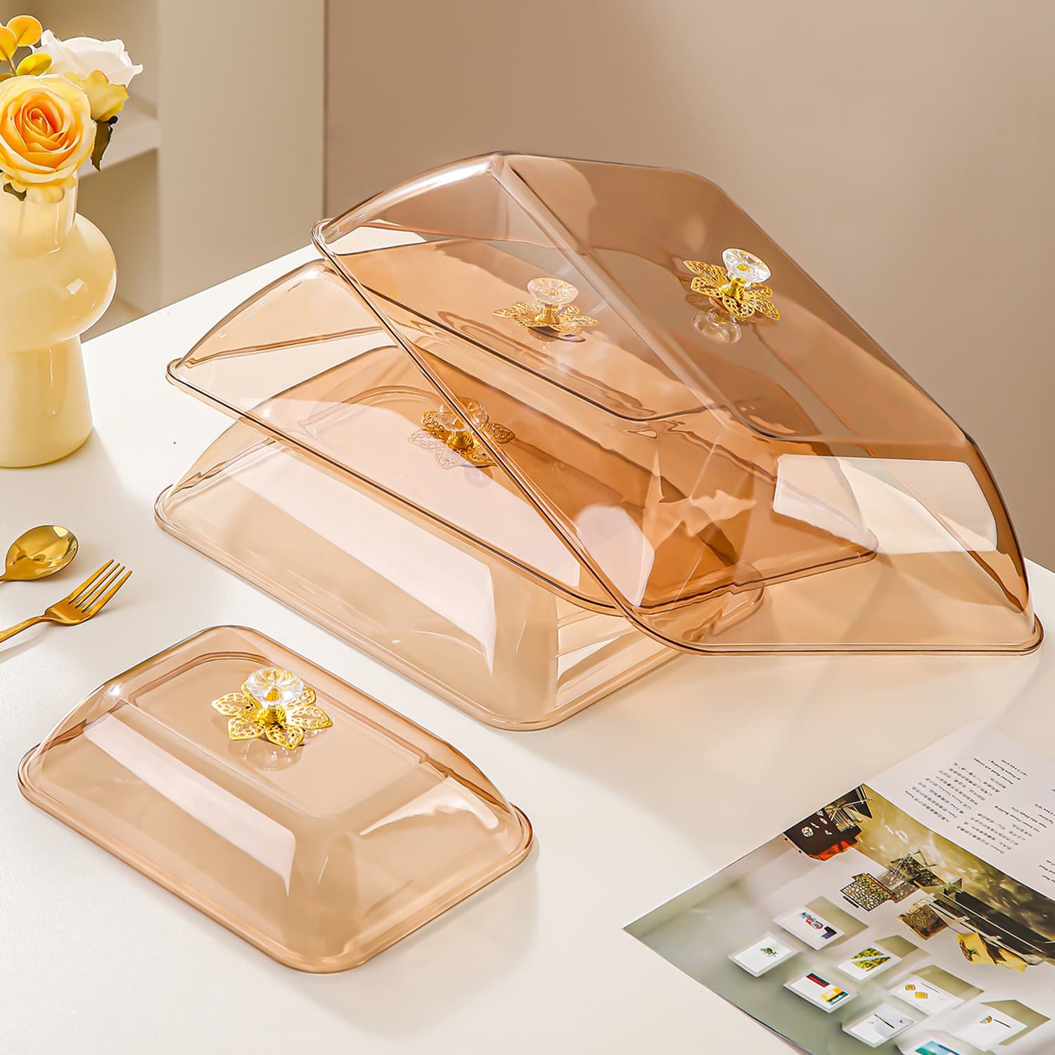 Dust-proof and fresh-keeping transparent pastry cover with tray lid, supermarket dessert plate cover, stainless steel plate with lid, display plate cover