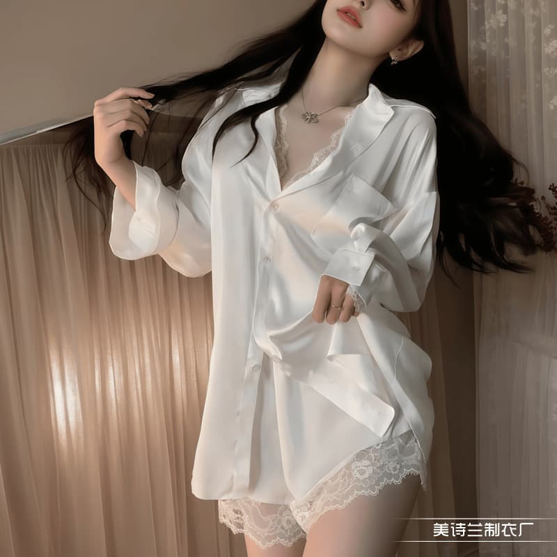 Meishilan Sexy Sleepwear Women Spring Summer Ice Silk Boyfriend Style Shirt Tempting Lace Mid-Length Wear-Out Homewear 346