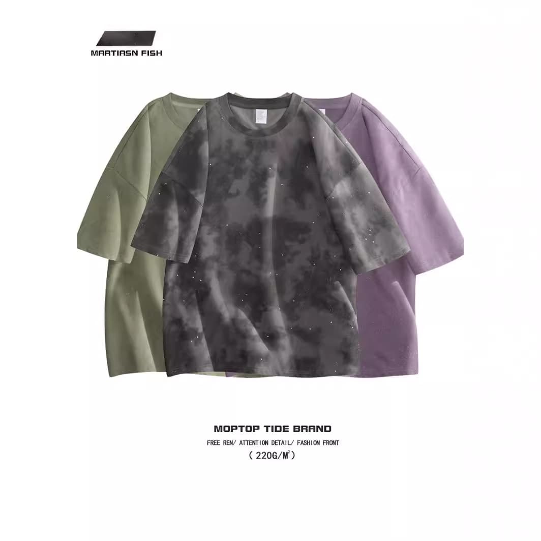 220g Washed Vintage Oversized Drop Shoulder Short Sleeve Unisex T-Shirt - Bright Star Guochao Streetwear Loose Fit Tie-Dye Distressed Tee