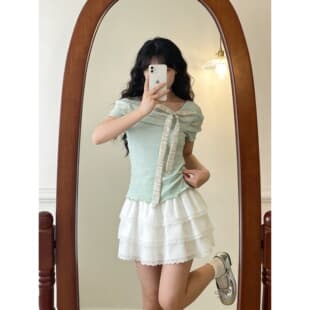 Chenling [Real Price Original Double-Sided Crinkled Cotton] Mint Green Short-Sleeve T-Shirt Summer Off-Shoulder Top Design