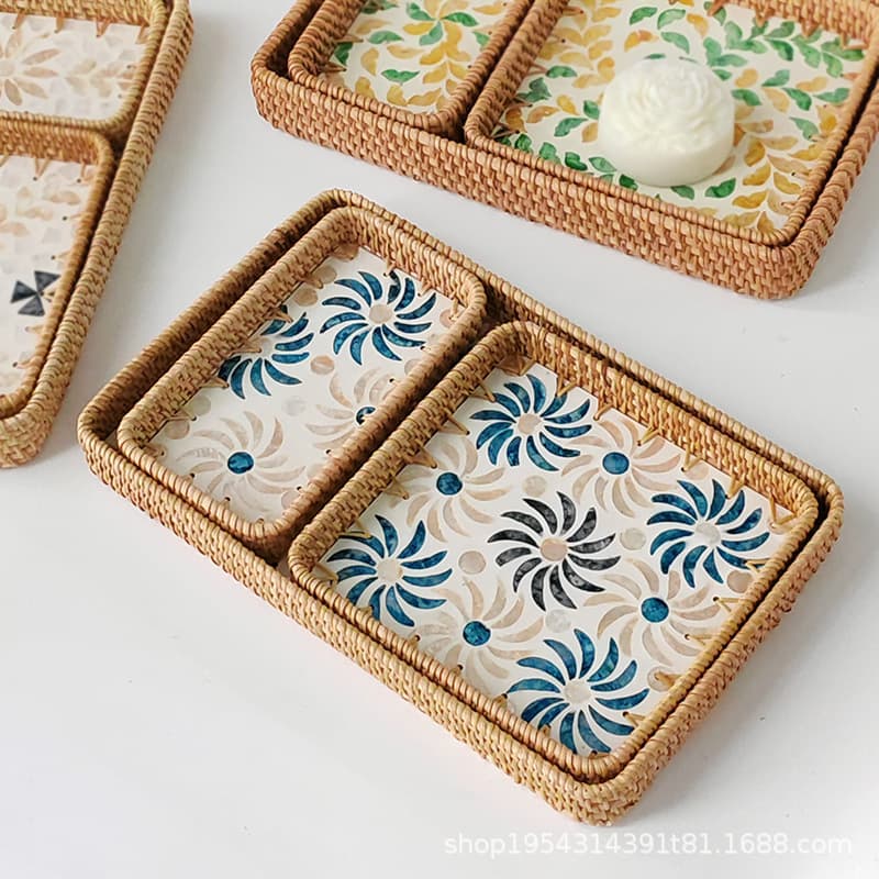 Southeast Asia Handwoven Rattan Shell-Shaped Square Storage Tray, Home Living Room Fruit Tray, Tea Tray for Guesthouse