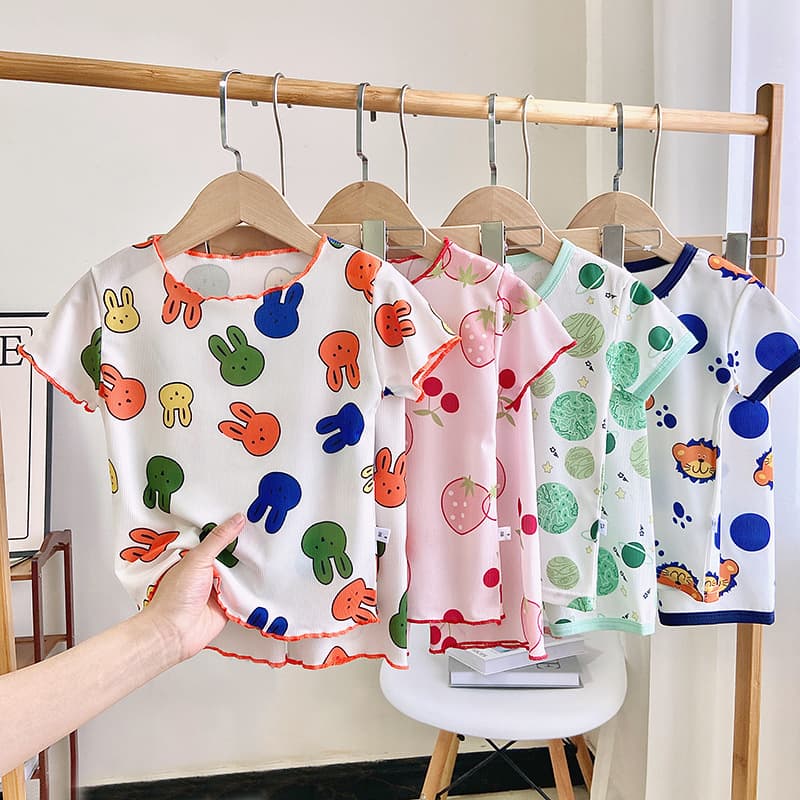 Children's Ice Silk Short Sleeve Pajama Set, Summer Boys' Homewear, Girls' Thin Underwear, Air Conditioning Suit, Wholesale