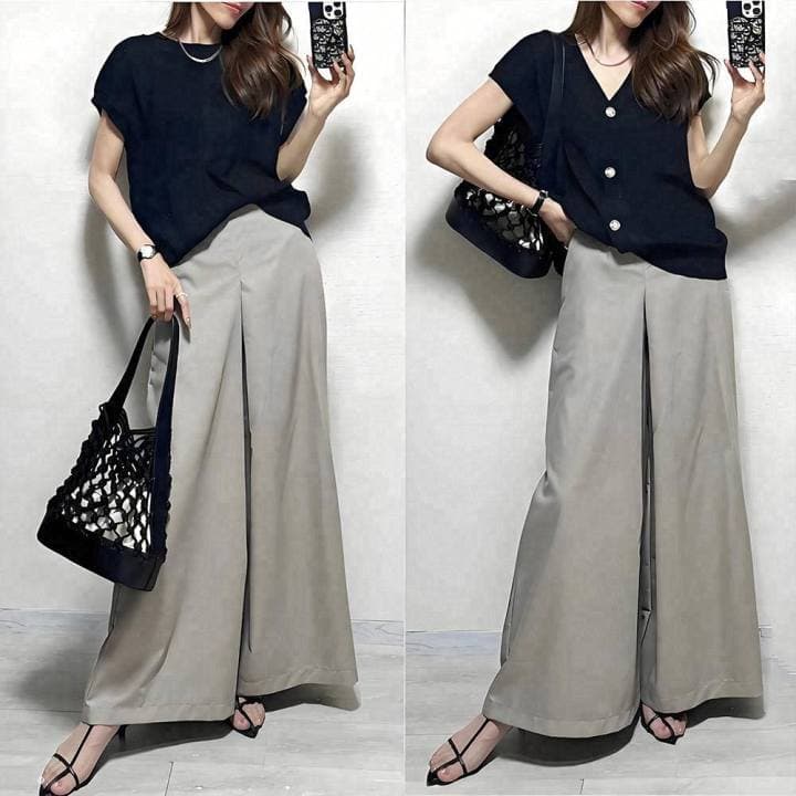 In Stock Japanese Style 2026 Spring V-Neck Button Short-Sleeve Knit Top with Wide-Leg Long Pants Two-Piece Set