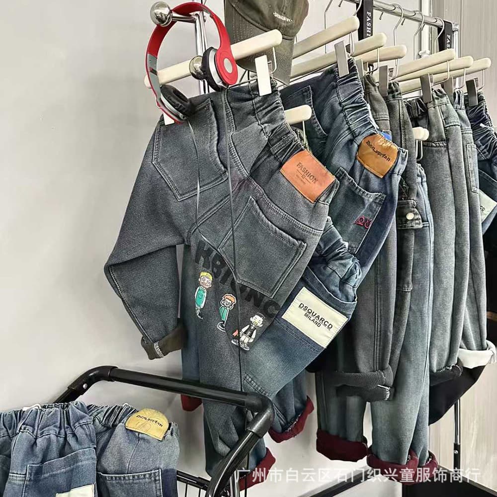 Boys' Winter Fleece-Lined Jeans, Children's Thickened Long Pants, Children's Clothing Clearance Sale, Stall Live Streaming Supply