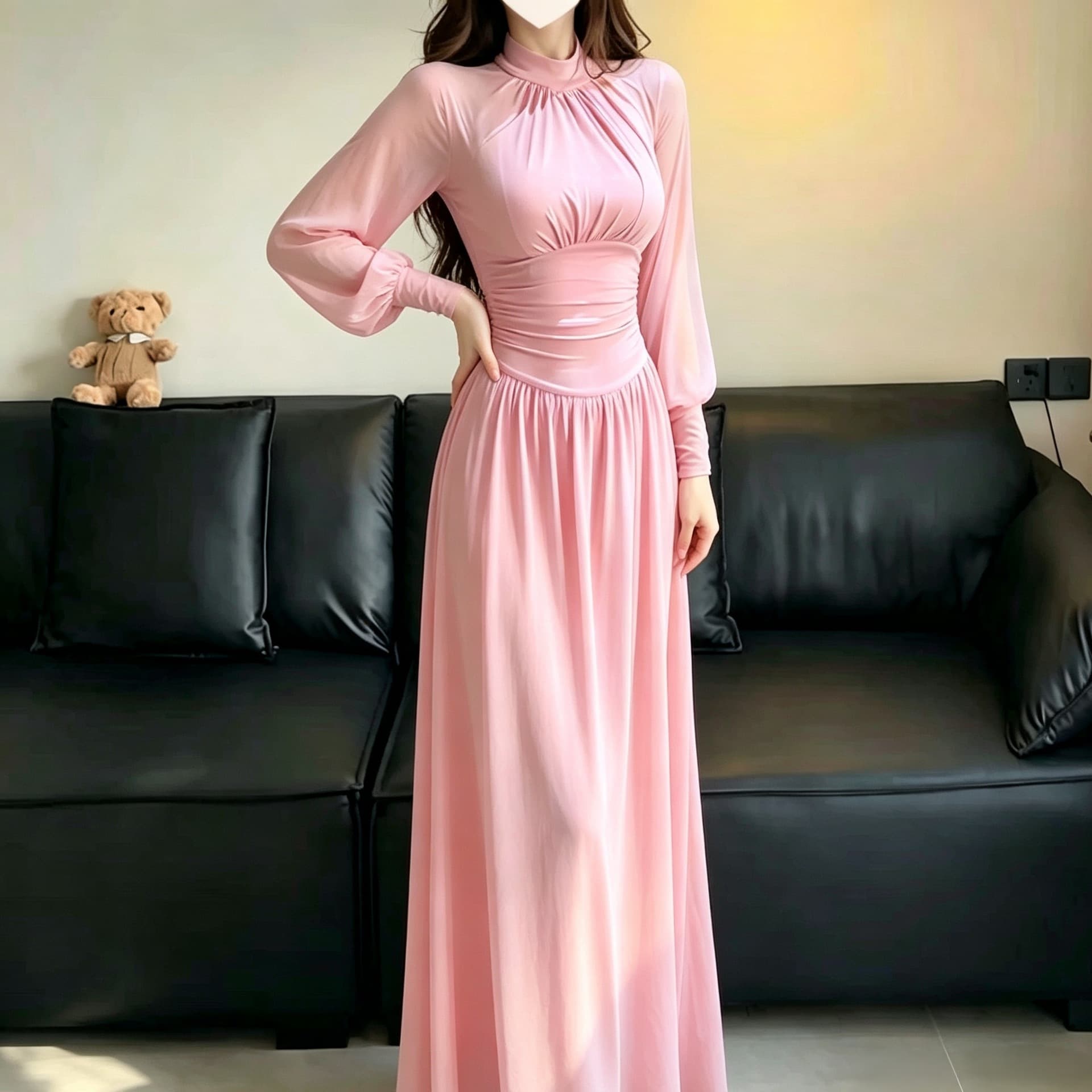 [Original] New Spring/Summer French Mesh Panel Lantern Sleeve Dress for Women, Ethereal and Flowy, Tall Length