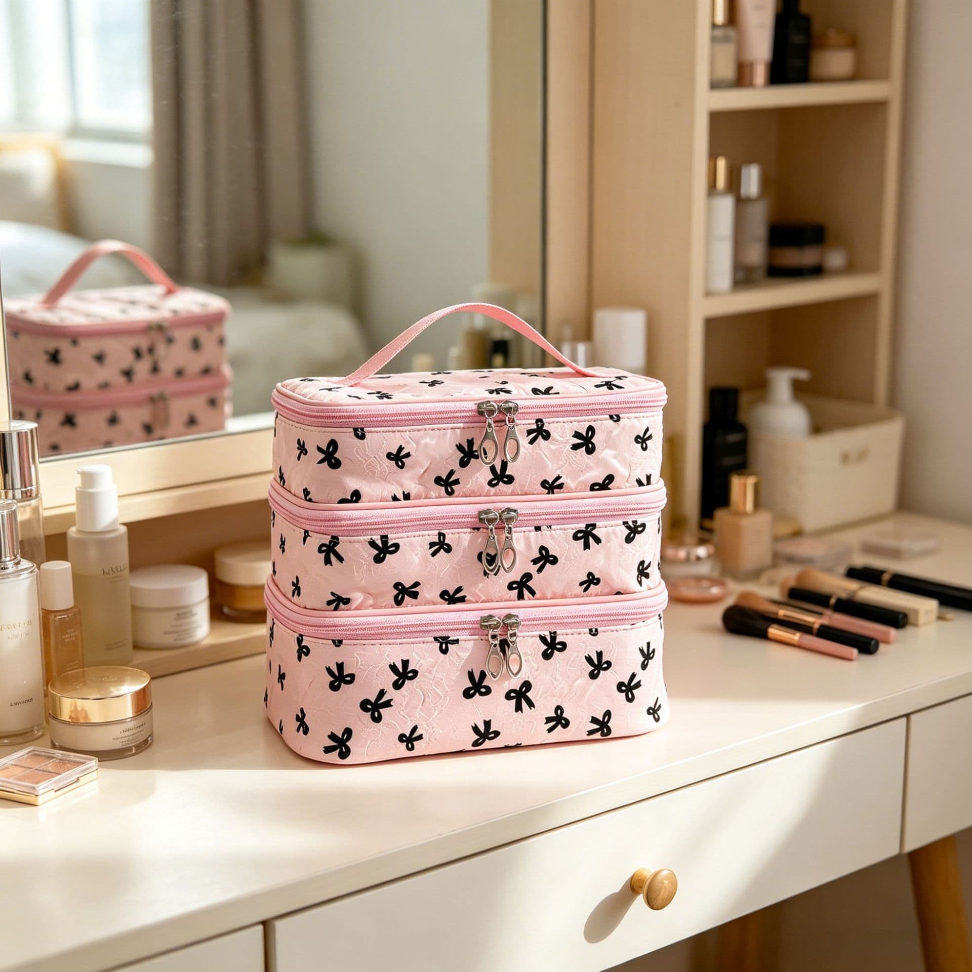 Cute Three-Layer Handheld Cosmetic Bag with Bow Print, Large Capacity for Skincare Storage and Toiletries, for Home and Travel