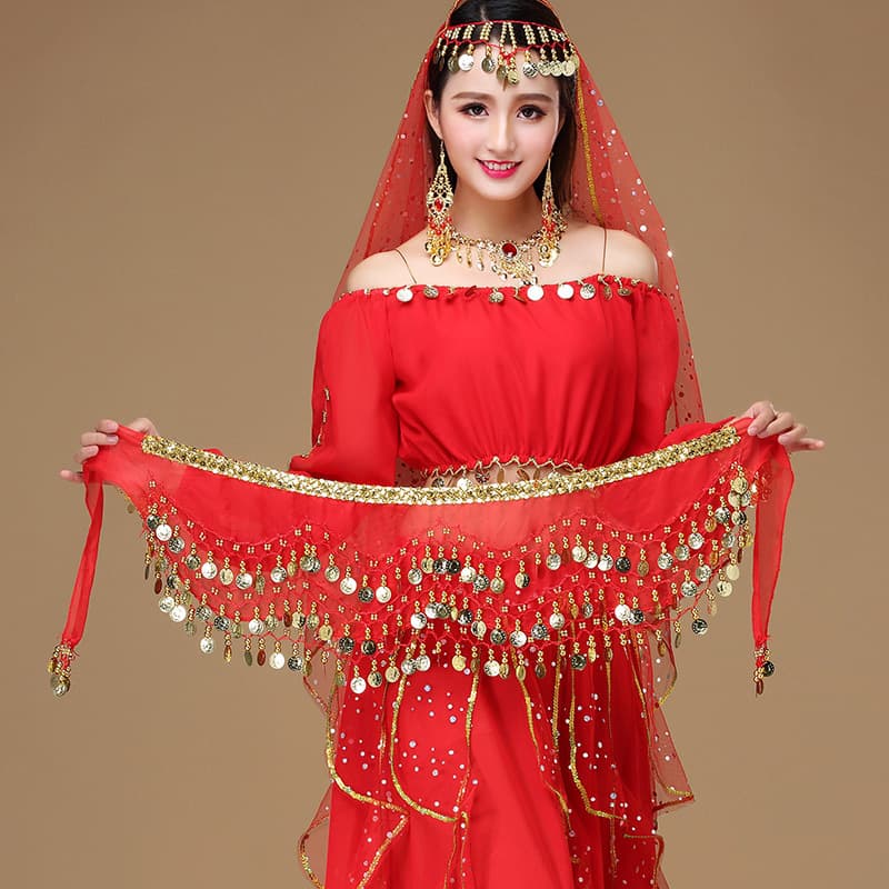 Belly dance waist chain, hip scarf, chiffon three-layer wave gold coin waist belt, Indian dance waist chain, 2025 new style for beginners.