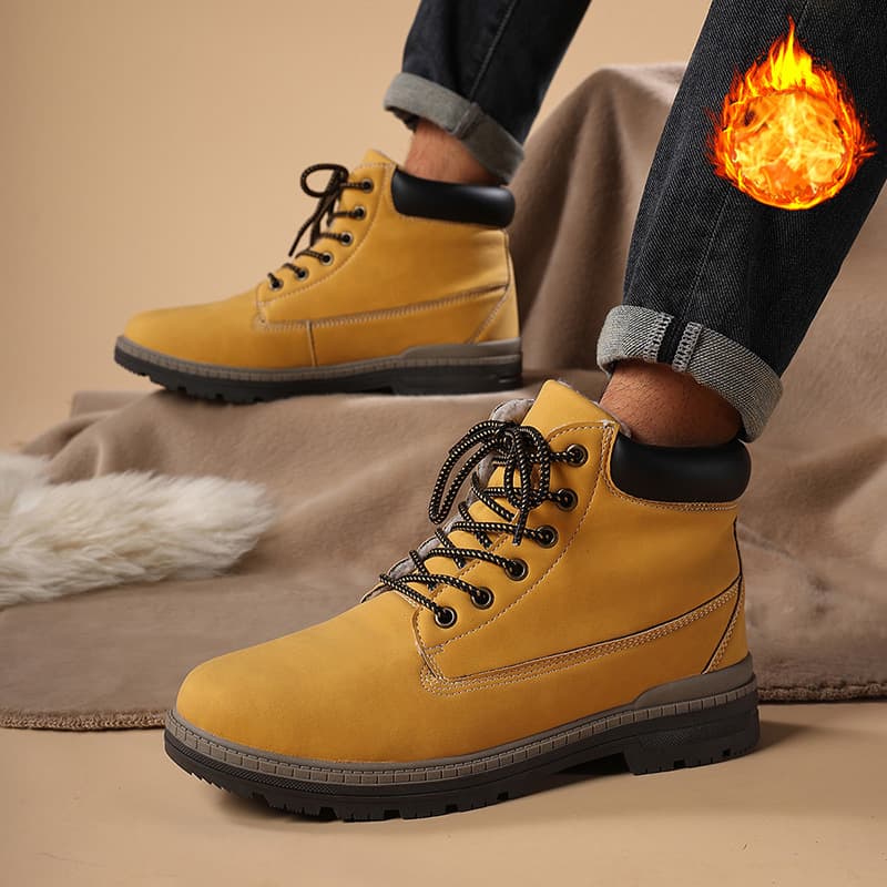 Men's Shoes Fleece-Lined Martin Boots Men's Yellow Boots Winter New Versatile Retro British Style Mid-Top Thick Sole Workwear Shoes Trendy