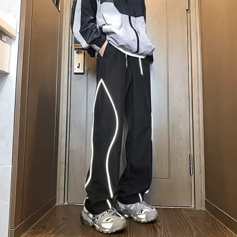Reflective strip casual pants, loose, fashionable, thin hiking pants, same style for men and women, outdoor sports breathable trousers