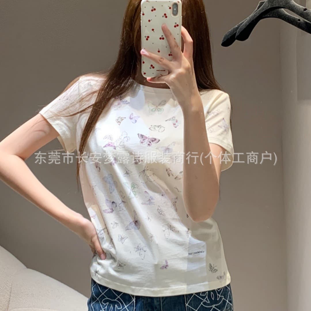 Nanyou Women's 2026 Early Spring D-House Butterfly Print Short Sleeve T-Shirt Women's Cotton Top Casual Versatile Base Layer