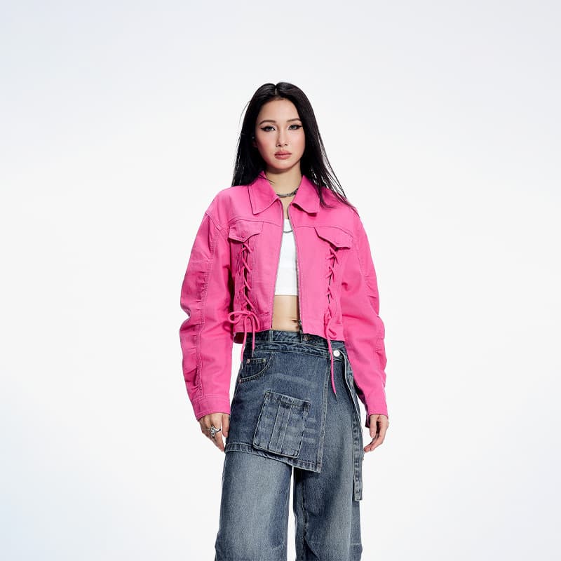 Tuogu Trendy Candy Color Denim Jacket for Women Spring Style Hot Girl Tie-Front Jacket Short Cropped Dolman Sleeve Top