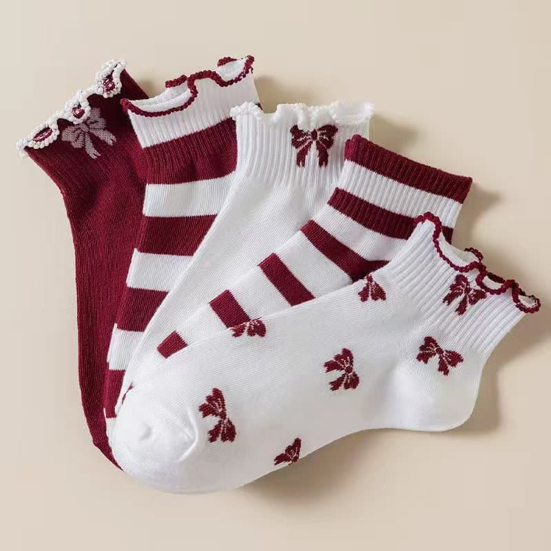 Sweet Short Socks Striped Bow Women's Socks Lace Socks Sweat-Absorbent Non-Slip Socks Breathable Versatile Non-Slip Cute Women